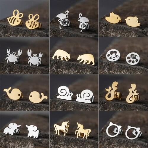 Fashion Gold Silver Color Stud Earrings for Women Bird Cat Snail Whale Bear Bee Flamingo Mermaid Unicorn Crab Paw Animal Jewelry