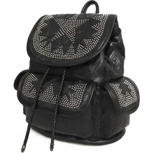 Women Backpack 100% Real Sheepskin Youth Genuine Leather Rivet Stitching Backpacks for Teenage Girls Female Shoulder Bag 8009