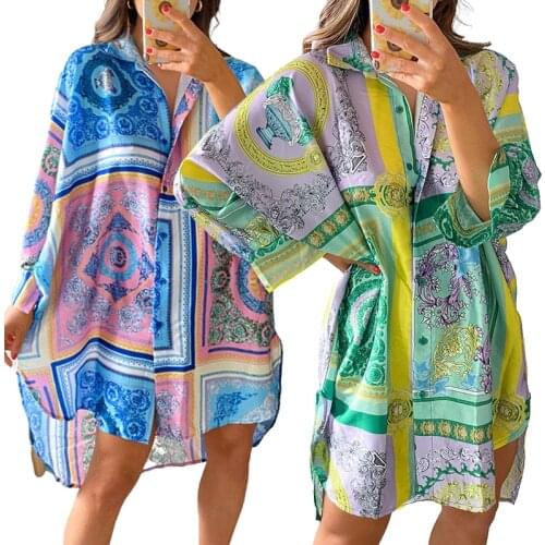 Dresses Summer Long Sleeve Shirt Dress Women V Neck Y2K Print Blue Loose Beach Sexy Party Casual Green 2021 woman dress