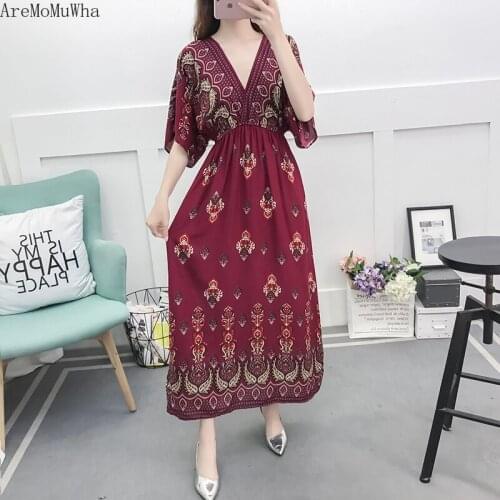 AreMoMuWha 2019 Summer Bohemian Long Dress Temperament V-neck Slim Loose Dress Super Fairy Bali Island Beach Summer Dress MH278