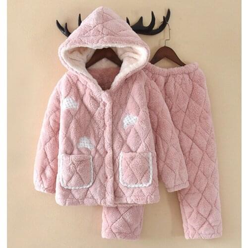 Winter New Kids Coral Velvet Pajamas Cute Cartoon Hooded Nightwear Boy Girl 3 Layers Thick Sleepwear Flannel Warm Home Clothes