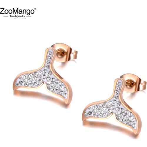 ZooMango Innovative Stainless Steel Rhinestone Fish Tail Earrings Jewelry Trendy Animal Stud Earrings For Women Kolczyki ZE19224
