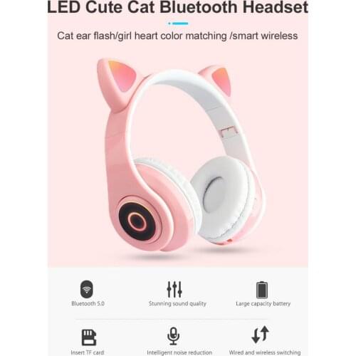 Bluetooth Headphones Wireless Over Ear Cat Ear Headphones with LED Light Kids Foldable Volume Control Glowing Gaming Headset