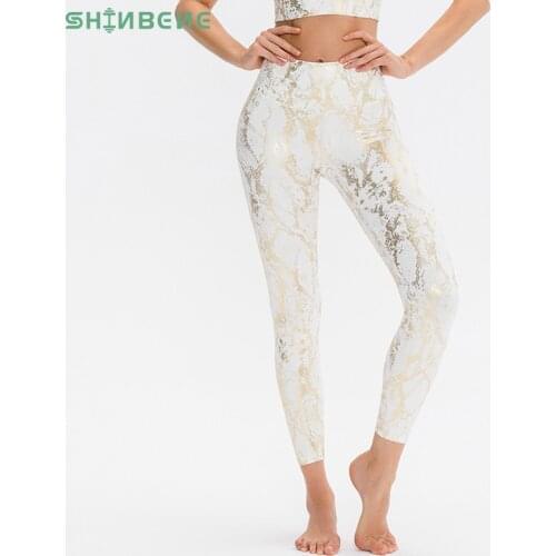 SHINBENE METALLIC SNAKE PRINT Stretch Exercise Yoga Pants Leggings Women High Rise Squat Proof Sports Workout Fitness Tights
