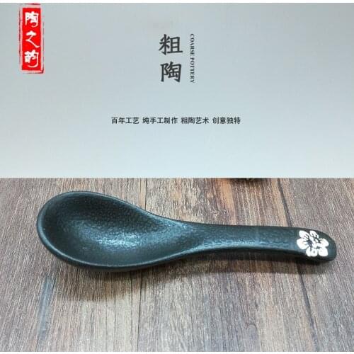10pcs Black Ceramic Spoon Rice Soup Scoop Spoon Earthenware Spoons Porcelain Home Restaurant Tableware
