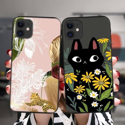 Black Phone Case For iPhone 12 11 Pro XS Max 6 6S 8 7 Plus X XR 5 5S SE 2020 12Mini Flowers Leopard Dog Cat Soft Silicone Cover