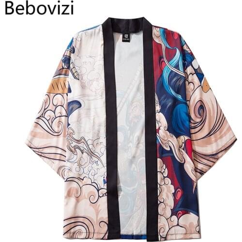 Asian Anime Yukata Haori Chinese Style Samurai Print Men Japanese Kimono Summer Man Blue Clothing Jacket Shirt Cardigan Korean