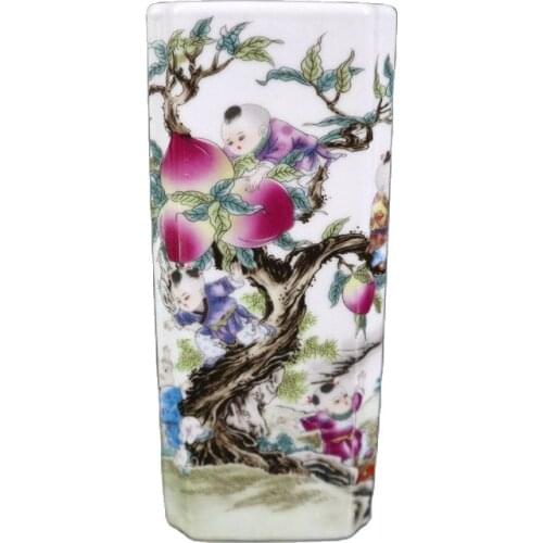 China Old Porcelain Pink Nine Son Peach Climbing Pattern Square Pen Holder