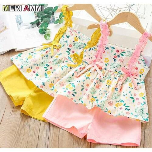 MERI AMMI 2pcs Oufit Children Girl Clothing Set Floral Top +Shorts Bottom Outwear