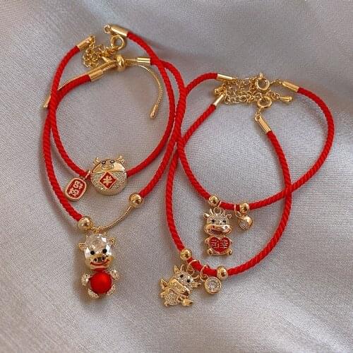 Creative Chinese Style Weave Zodiac Red Rhinestone Strand Bracelet for Women Delicate Heart Bracelet Accessories Summer Bracelet