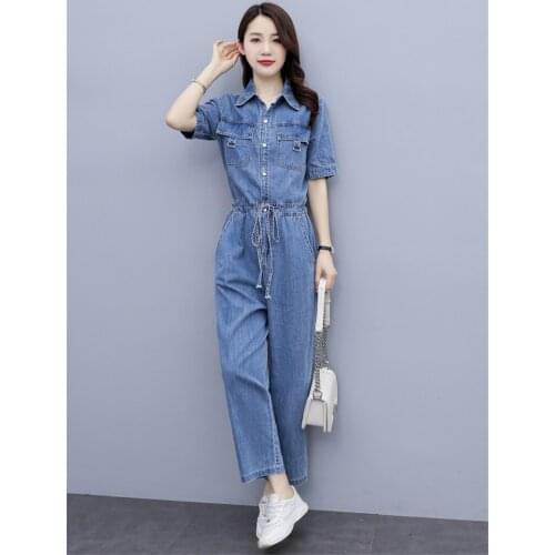 Fashion Casual Tooling Jeans Jumpsuit Female Summer 2021 New Short Sleeve Lapel Single Breasted Women Denim Rompers aq657