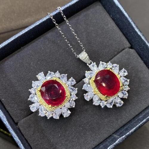 100% Natural Real Ruby Set 925 Sterling Silver,1pc Ruby Ring,1pc Ruby Pendant Female Anniversary Jewelry