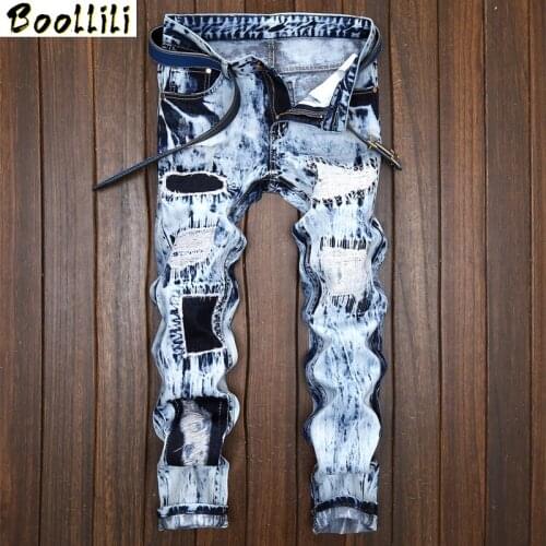 Skinny Jeans Men Elastic Denim Biker Jeans Ripped Patch Snow Color Punk New 2020
