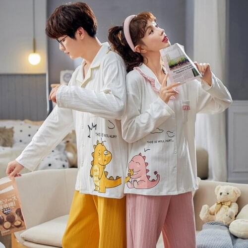 Autumn Winter Cotton Warm Couple Pajamas Set V-Neck Plus Size Home Suits Cute Women Little Dinosaur Cartoon Pink Lace Sleepwear