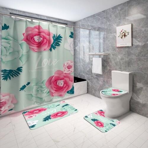 Modern Floral Home Decoration Bathroom Bath Mats Set Lovers Bathroom Carpet Rug Flannel Bath Mat Valentines Day Rose Toilet Mat