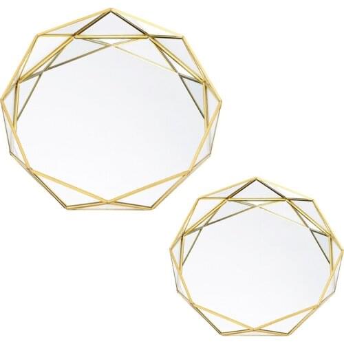 Vintage European Glass Metal Storage Tray Gold Geometric Round Fruit Plate Desktop Small Items Jewelry Display Tray