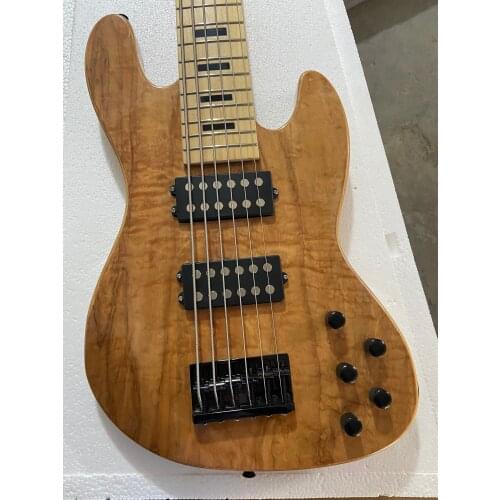 Top quality FDJB-5025 original wood color solid Ash body Quilted Maple Veneer active pickup 6 strings Jazz Bass , Free shipping