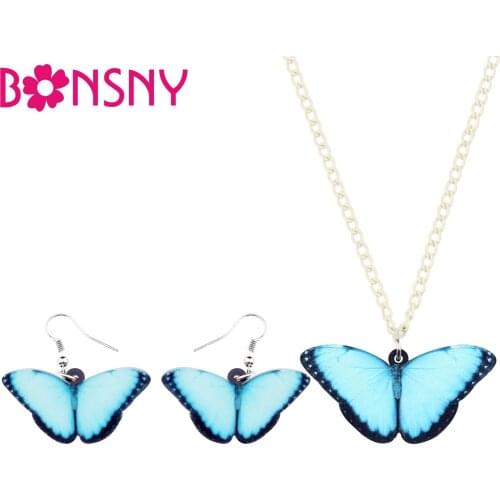 Bonsny Acrylic Blue Morpho Butterfly Insect Jewelry Sets Earrings Necklace Gift For Women Girls Ladies Spring Summer Accessories