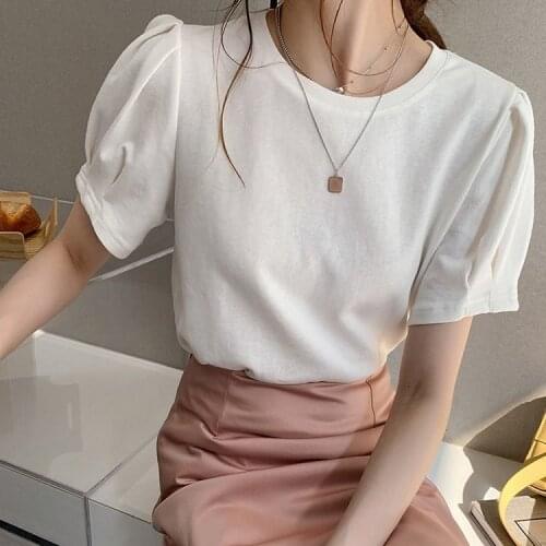 Woman TShirts Puff Sleeve Cotton Short-Sleeved Top Summer Womens round Neck White T-shirt Crop Top Mujer Camisetas