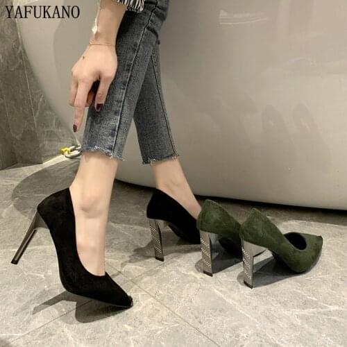 2020 New 10cm Heels Women Pumps Pointed Toe Official Pump Stiletto Woman Shoes Weeding Shoes Metal Flock Elegant Pumps