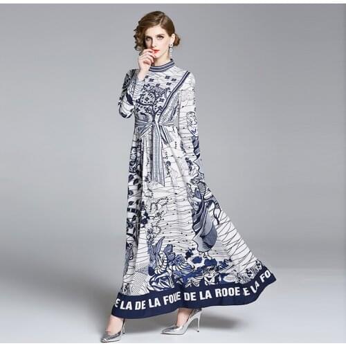 Menahem Fashion Maxi Dress 2021 New Women Vintage Full Sleeve O Neck Positioning Printed Letter Flower Ladies Long Vestidos