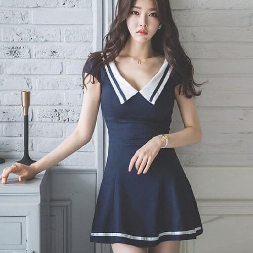 Dress Women Fashion Navy Style Sweet V-neck Short Sleeve A-line Shorts Dress Vintage Robe Plus Size Elegant Sexy Party Dresses