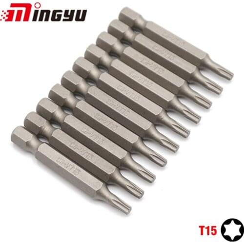 10pcs 50mm Long Torx Screwdriver Bit Set Cr-V Steel 1/4 Inch Hex Shank Security Tamper Proof Screw Driver T15 Bits
