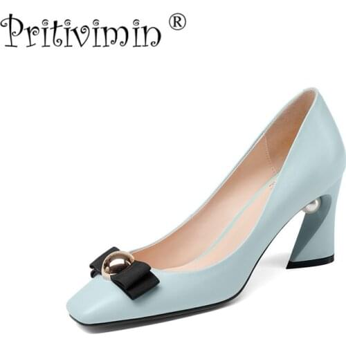 2018 ladies bowknot pointed toe Pearl ornament handmade shoes women leather heels youth fashion designer pumps Pritivimin FN168