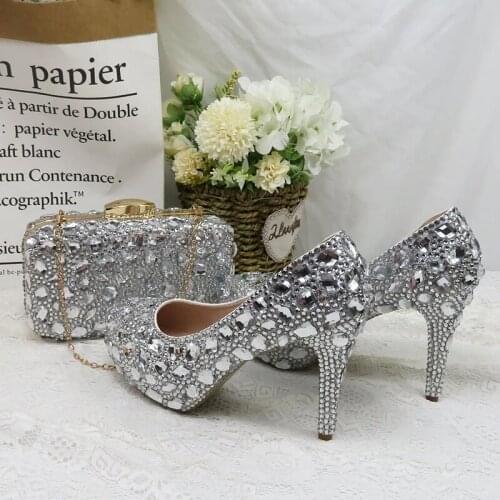 2021New Luxury Silver Crystal Bride Wedding Shoes Women Thin Heel Ladies Banquet Dress Shoes Female Party Pointed Toe High Heels