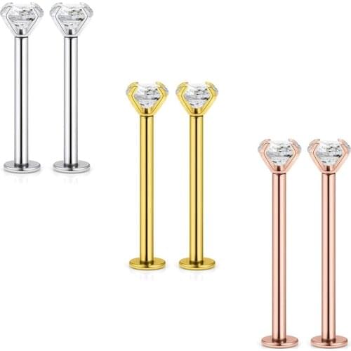6pcs 16G Stainless Steel Labret Dimple Cheek Tongue Rings Barbell Body Piercing Jewelry Clear Cubic Zirconia Inlaid Bar Length