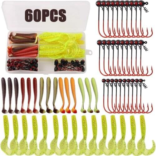 60Pcs/box Soft Grub Worm Lures with Shaky Head Jig Hooks Lure accessories Kit Football Jig Head bait Trout Bass lure fishing