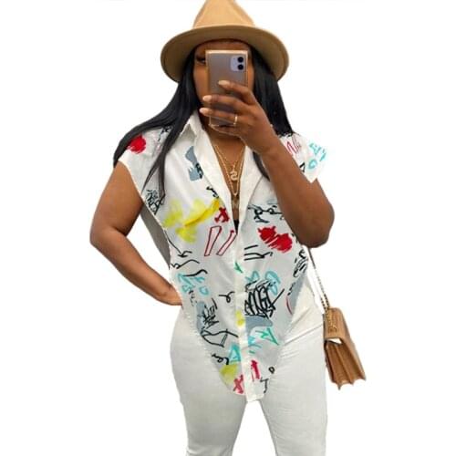 African Tops Shirts Clothes Women Fashion Graffiti Print Sexy Side Hollow Tops 2021 Summer V Shaped African Long Blouses Tunics