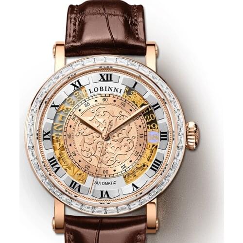 LOBINNI luxury brand watches for men,mens watch automatic self wind mechanical wristwatch skeleton mens clock leather strap