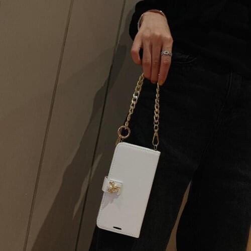 Diamond Flower Flip Wallet Leather Case Cover For Iphone 12 Mini 11 Pro XS Max XR X 8 7 Plus SE Luxury Metal Chain Handbag Case