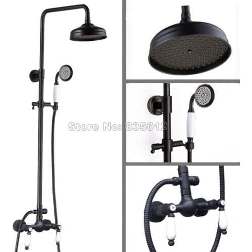Black Oil Rubbed Bathroom Rain Shower Faucet Set with Handheld Shower Head & Wall Mounted Dual Ceramic Handles Mixer Taps Wrs478