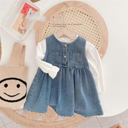 Girls fashion denim vest dresses 2021 autumn little princess pockets sleeveless dress