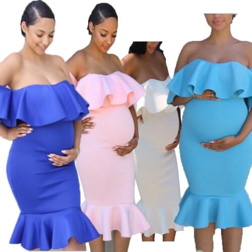 European and American womens stretch pregnant womens ruffled collar trailing one-piece long skirt photography dress