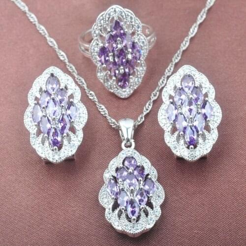 Unusual Purple Crystal White CZ Womens Silver Color Jewelry Sets Necklace Pendant Earrings Ring TZ0506