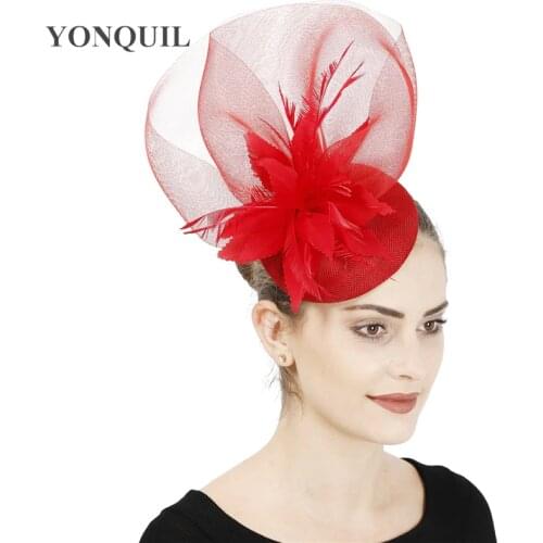 Red Fashion Hair Fascinator Hat Headband Elegant Show Race Headwear Fancy Feather Flower Nice Sinamay Millinery For Ladies Event