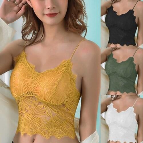 Summer Womens Sleeveless Crop Tops Fashion Floral Lace Padded Tank Tops Sexy Spaghetti Strap Solid Female Camis