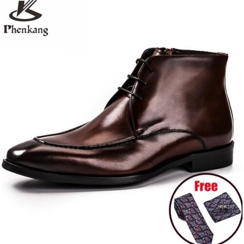 Men winter Boots Genuine cow leather chelsea boots brogue casual ankle flat shoes Comfortable quality lace up dress boots 2020