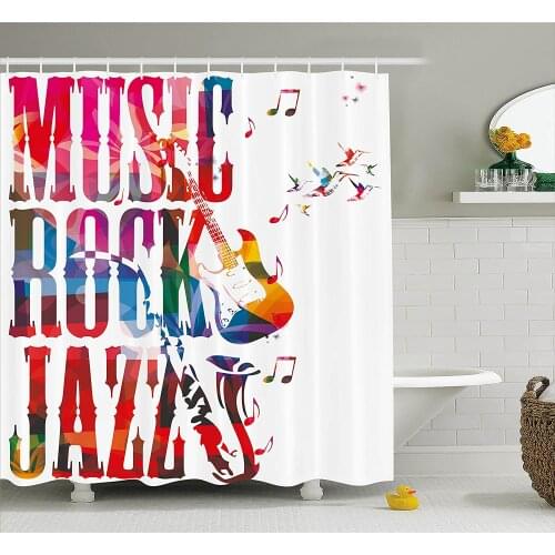 Musical Shower Curtain Music Rock Jazz Lettering with Bass Guitar Saxophone Notes Harmony Illustration Bathroom Curtains