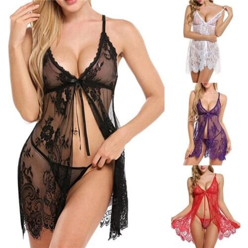 Sexy Summer Erotic Nightgown + Mini Thong Lace Up Sleeveless Pyjamas Lace Babydoll Sexy Bathrobe Female Sleepwear