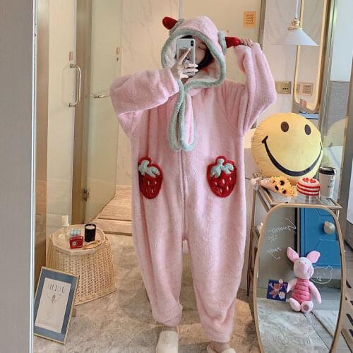 Pink Cartoon Strawberry Coral Fleece Sleepwear One-Piece Hooded Long Sleeves Casual Onesies Warm Zipper Pajamas Homewear Women