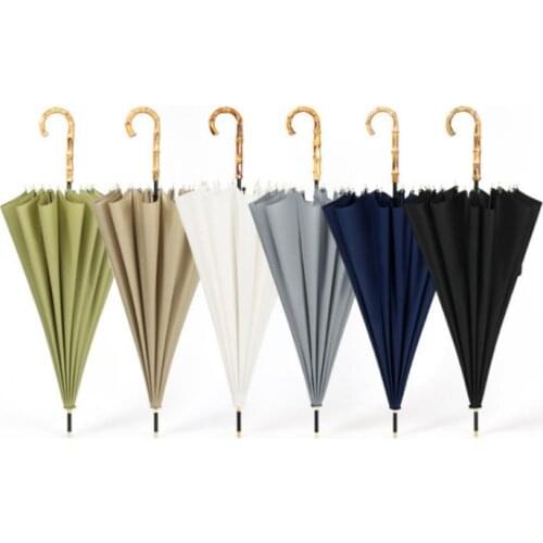 16 Ribs Straight Umbrella Windproof Solid Color Long Handle Straight Umbrella Women Men Bamboo Handle Pongee Umbrella SN1441