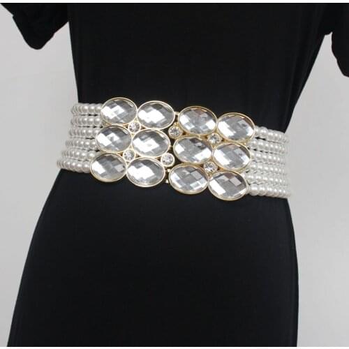Handmade WIde Layers Pearl Weaving Waist Belt for WOmen Luxury Rhinestone Elastic Waistband European Dress Corset Ceinture Strap