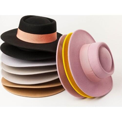 King Wheat Autumn Winter New Wide Brim Wool Flat Ribbon Women Fedora Show Felt Cap Fashion Outdoor Keep Warm Lady Ring Top Hat