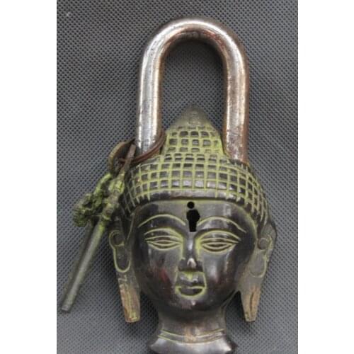 Old Tibet Buddhism Bronze Shakyamuni Amitabha Buddha Head Home Lock Key Set Free shipping