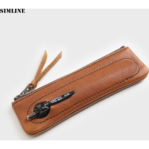 100% Genuine Leather Pen Bag Vintage Handmade Men Women Children Student Long Zipper Pencil Bag Case Holder Bags School Supplies