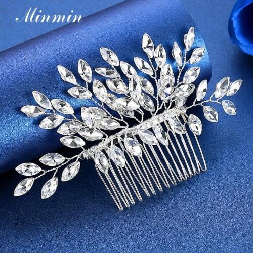 Minmin Silver Color Marquise Leaf Cluster Crystal Wedding Hair Combs for Women Shiny Rhinestone Bridal Hair Accessories MFS324